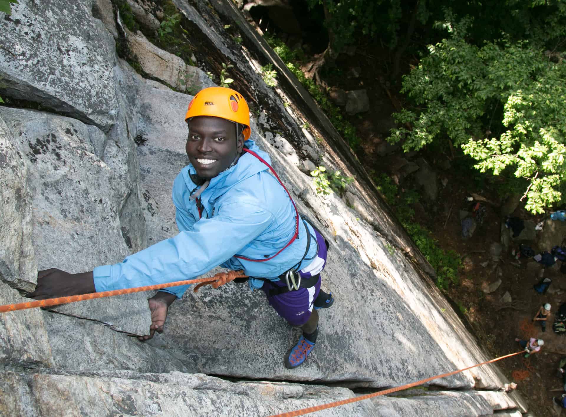 Gashim climbing at Echo Crag in Franconia Notch during his 4th summer at Kismet.